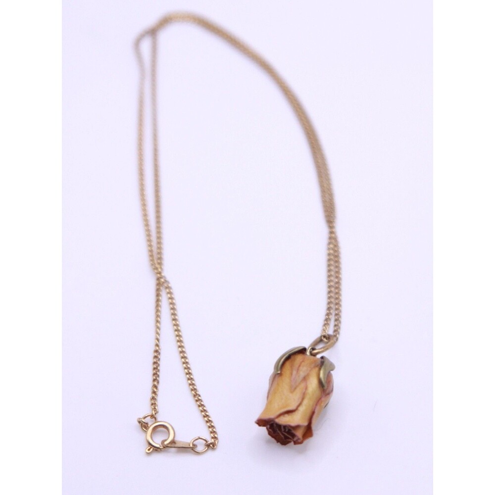 Vintage Unsigned gold-toned necklace dried preserved rose bud pendant 18”
